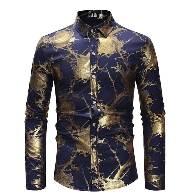 Mens Gold Floral Shirts Shiny Slim Fit Bronzing Shirt