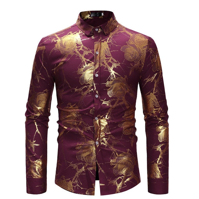 Mens Gold Floral Shirts Shiny Slim Fit Bronzing Shirt