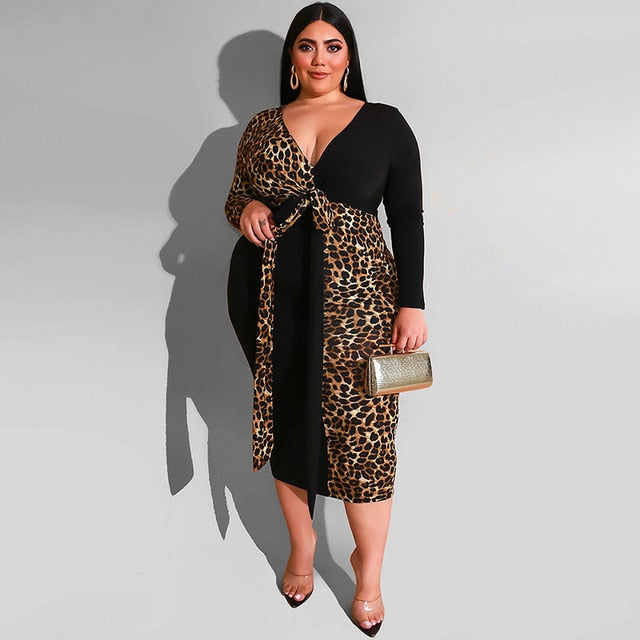 Plus Size Dress Womens Leopard Dress Lace Up Sexy V Neck