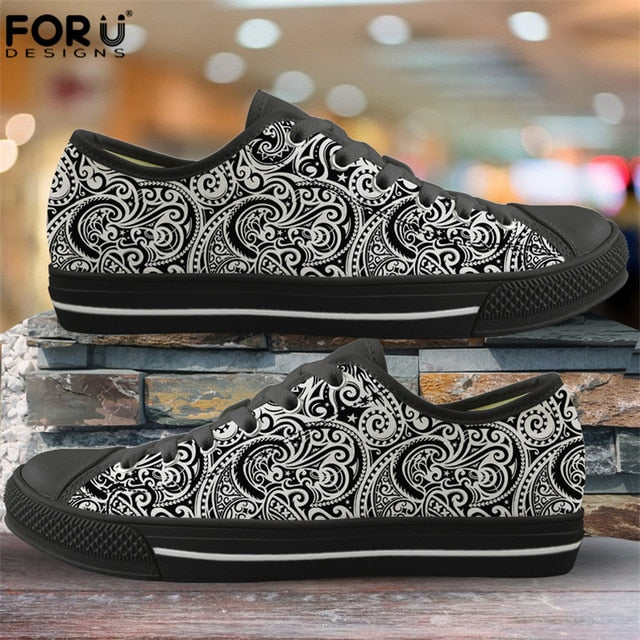 FORUDESIGNS Fashion Flats Vulcanize Shoes Polynesian Traditional Tribal Print Canvas Low Top Shoes Women Casual Sneakers Lace-up