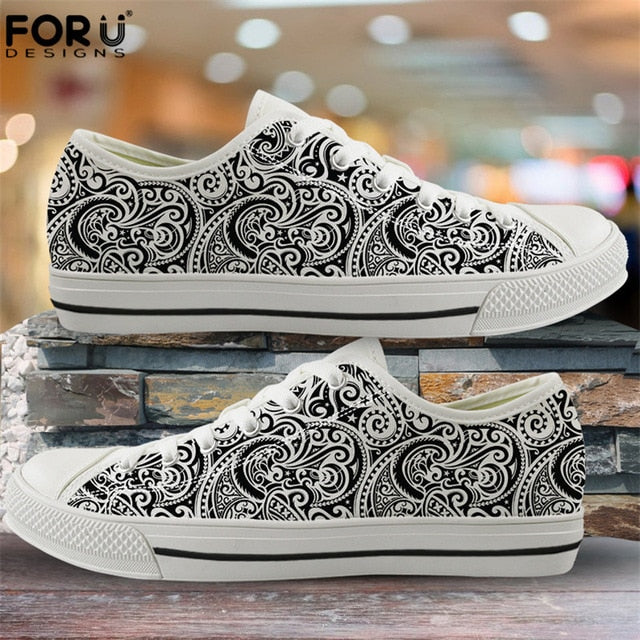 FORUDESIGNS Fashion Flats Vulcanize Shoes Polynesian Traditional Tribal Print Canvas Low Top Shoes Women Casual Sneakers Lace-up