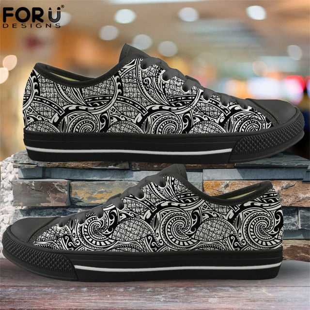 FORUDESIGNS Fashion Flats Vulcanize Shoes Polynesian Traditional Tribal Print Canvas Low Top Shoes Women Casual Sneakers Lace-up