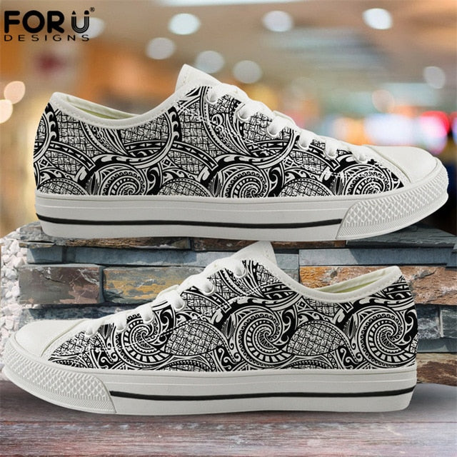 FORUDESIGNS Fashion Flats Vulcanize Shoes Polynesian Traditional Tribal Print Canvas Low Top Shoes Women Casual Sneakers Lace-up