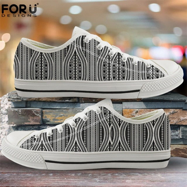 FORUDESIGNS Fashion Flats Vulcanize Shoes Polynesian Traditional Tribal Print Canvas Low Top Shoes Women Casual Sneakers Lace-up