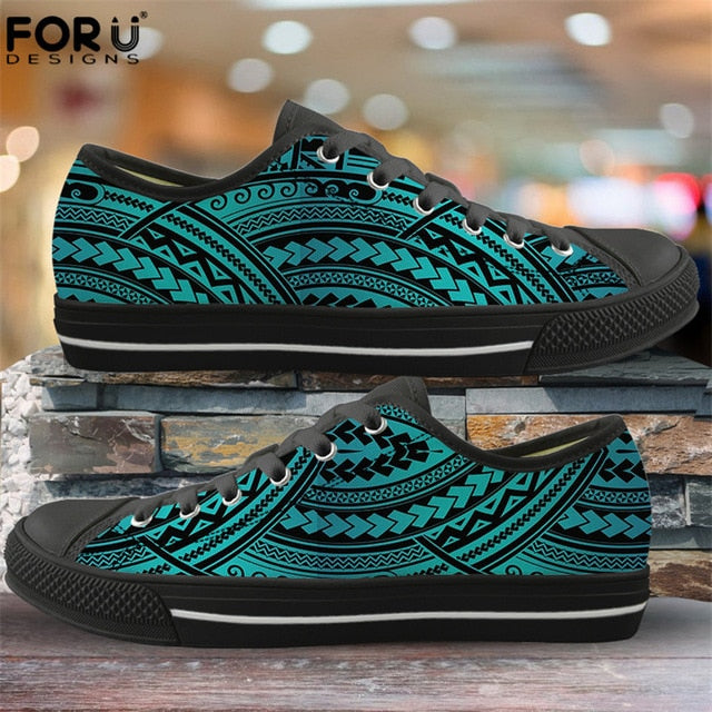 FORUDESIGNS Fashion Flats Vulcanize Shoes Polynesian Traditional Tribal Print Canvas Low Top Shoes Women Casual Sneakers Lace-up