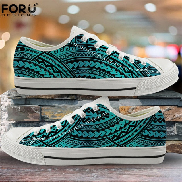 FORUDESIGNS Fashion Flats Vulcanize Shoes Polynesian Traditional Tribal Print Canvas Low Top Shoes Women Casual Sneakers Lace-up