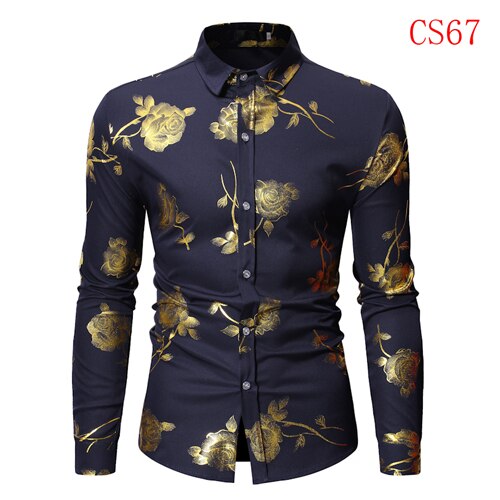 Mens Gold Rose Floral Print Shirts Brand Floral