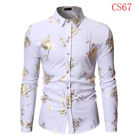 Mens Gold Rose Floral Print Shirts Brand Floral