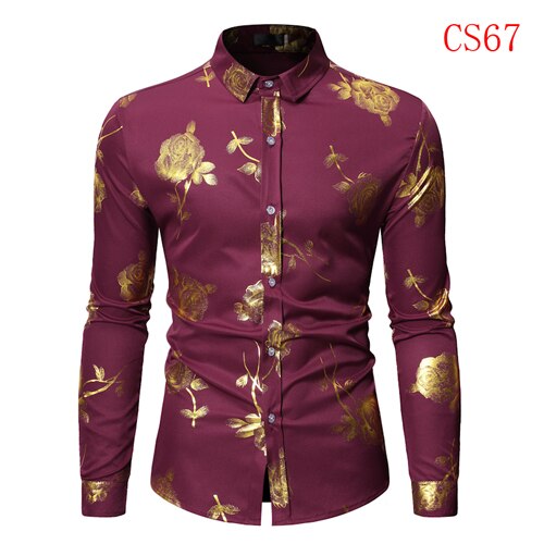 Mens Gold Rose Floral Print Shirts Brand Floral