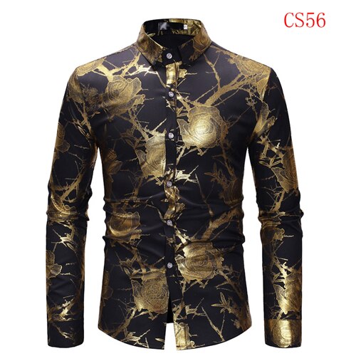 Mens Gold Rose Floral Print Shirts Brand Floral