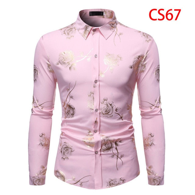 Mens Gold Rose Floral Print Shirts Brand Floral