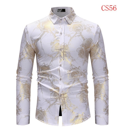 Mens Gold Rose Floral Print Shirts Brand Floral