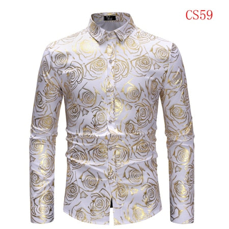 Mens Gold Rose Floral Print Shirts Brand Floral