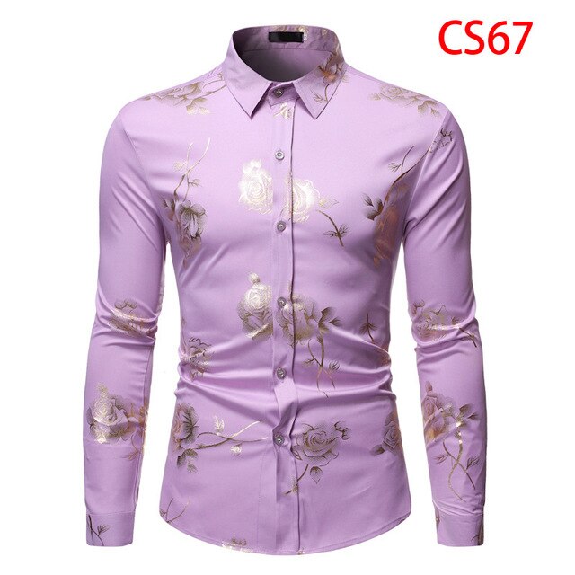 Mens Gold Rose Floral Print Shirts Brand Floral