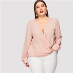 Plus Size Pink Solid Deep V Neck Casual Blouse