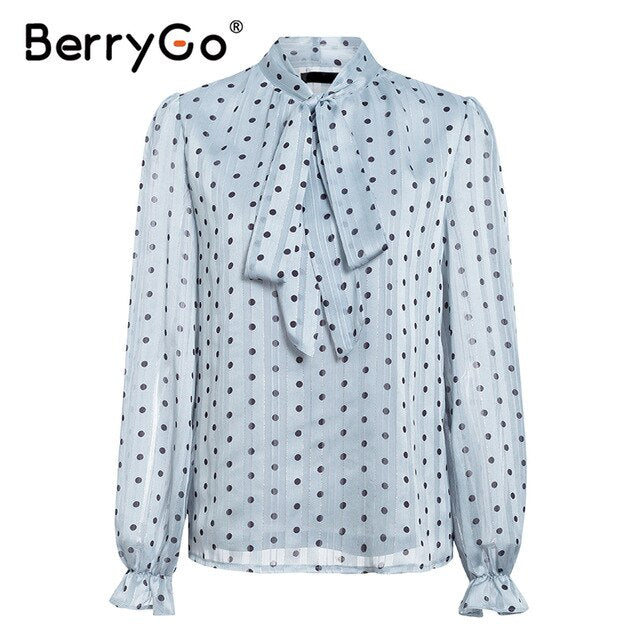 Blue polka dot long sleeve office blouse