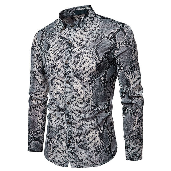 Sexy Snake Pattern Print Shirt Men Brand New Long Sleeve