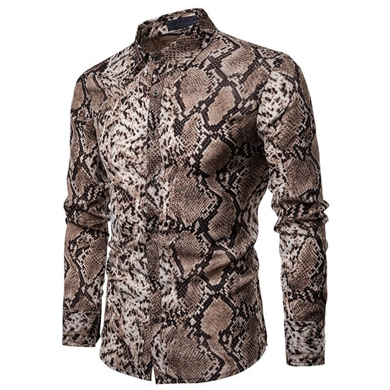 Sexy Snake Pattern Print Shirt Men Brand New Long Sleeve