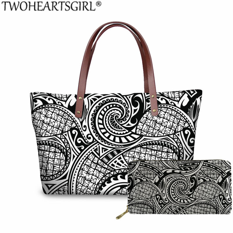 TWOHEARTSGIRL 2Pcs/set Women Handbags&Wallet Polynesian Style Printing Shoulder Bags Ladies Large Tote Bags for Female Bolsa