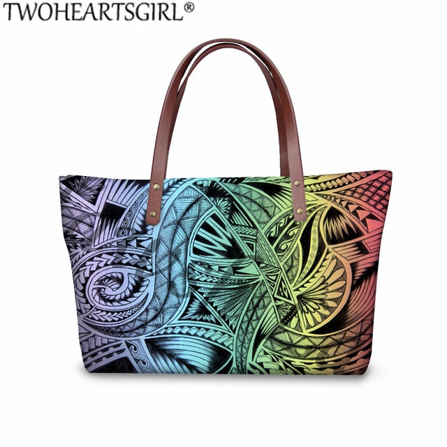 TWOHEARTSGIRL 2Pcs/set Women Handbags&Wallet Polynesian Style Printing Shoulder Bags Ladies Large Tote Bags for Female Bolsa