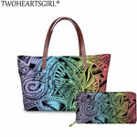 TWOHEARTSGIRL 2Pcs/set Women Handbags&Wallet Polynesian Style Printing Shoulder Bags Ladies Large Tote Bags for Female Bolsa