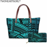 TWOHEARTSGIRL 2Pcs/set Women Handbags&Wallet Polynesian Style Printing Shoulder Bags Ladies Large Tote Bags for Female Bolsa