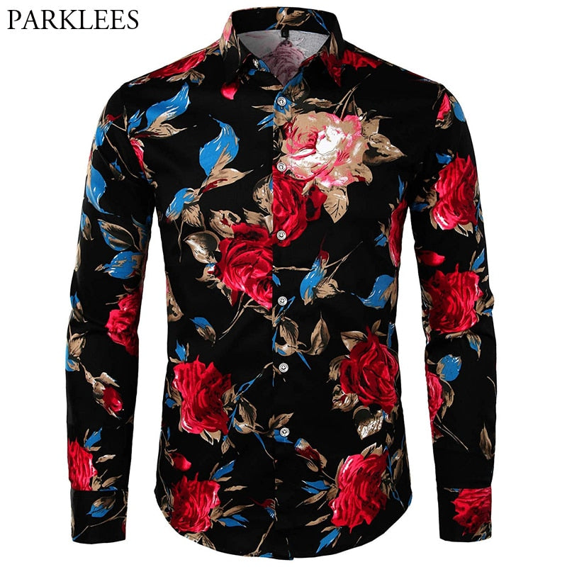 Hawaiian Men Shirt Brand Rose Floral Print