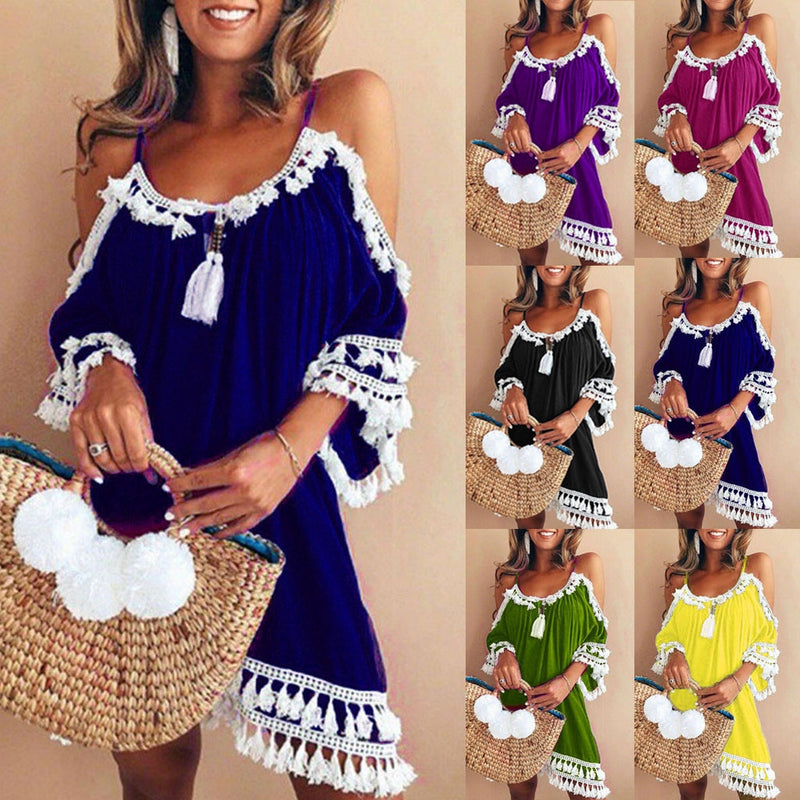 Women Off Shoulder Dress Tassel Short Cocktail Party