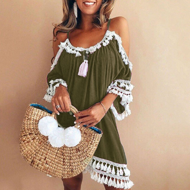 Women Off Shoulder Dress Tassel Short Cocktail Party