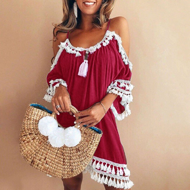 Women Off Shoulder Dress Tassel Short Cocktail Party