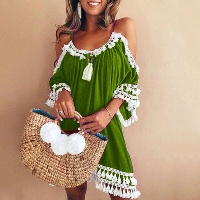 Women Off Shoulder Dress Tassel Short Cocktail Party