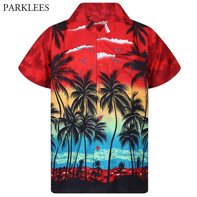 Mens Red Hawaiian Shirt Fashion Palm Tree Printed