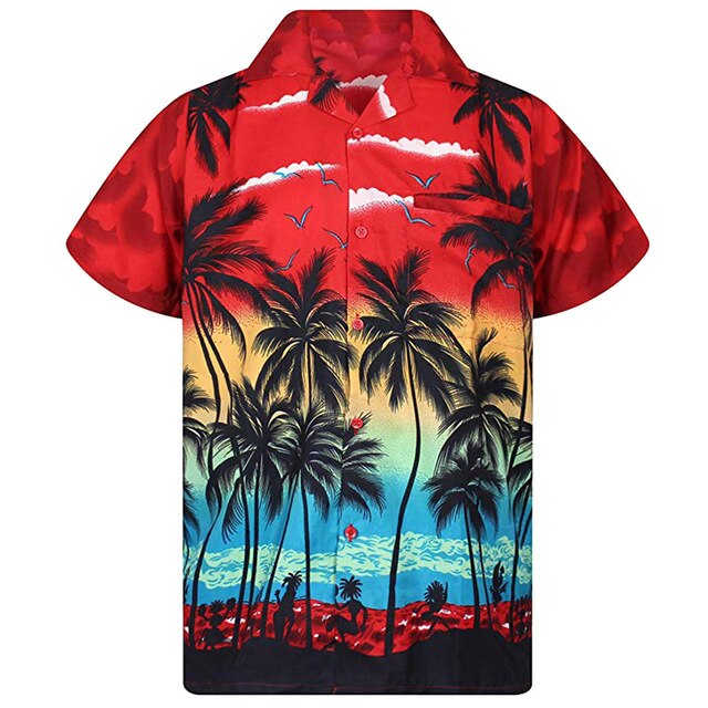 Mens Red Hawaiian Shirt Fashion Palm Tree Printed