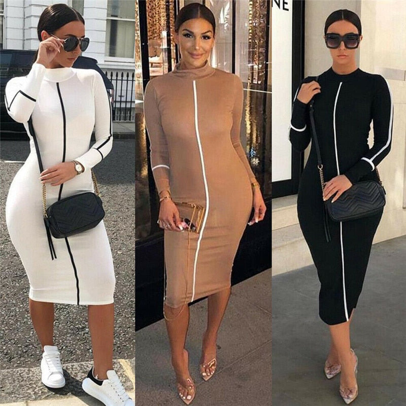 Sexy Hihg neck long bodycon dress Women cotton fitness