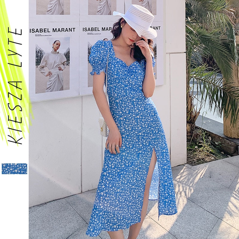 2020 Summer Party Wrap Dress Vintage Blue Print