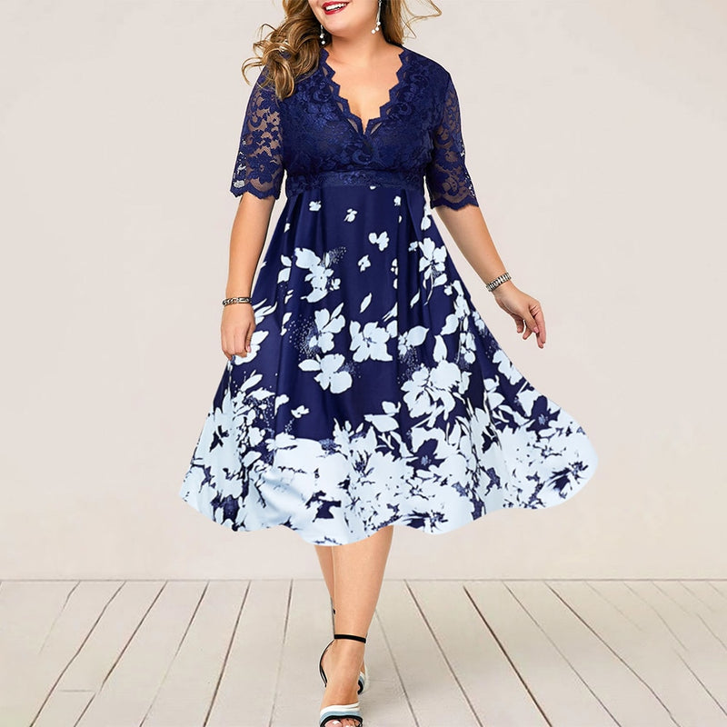 Plus Size Women Summer Dress Patchwork Flower