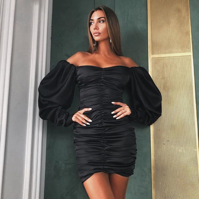 Off shoulder long sleeve elegant lady mini dress