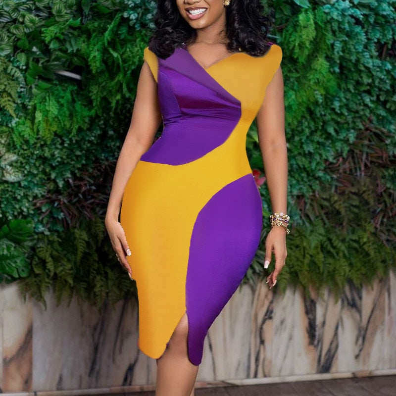 Women Bodycon Dress Yellow Purple Patchwork Short Sleeve