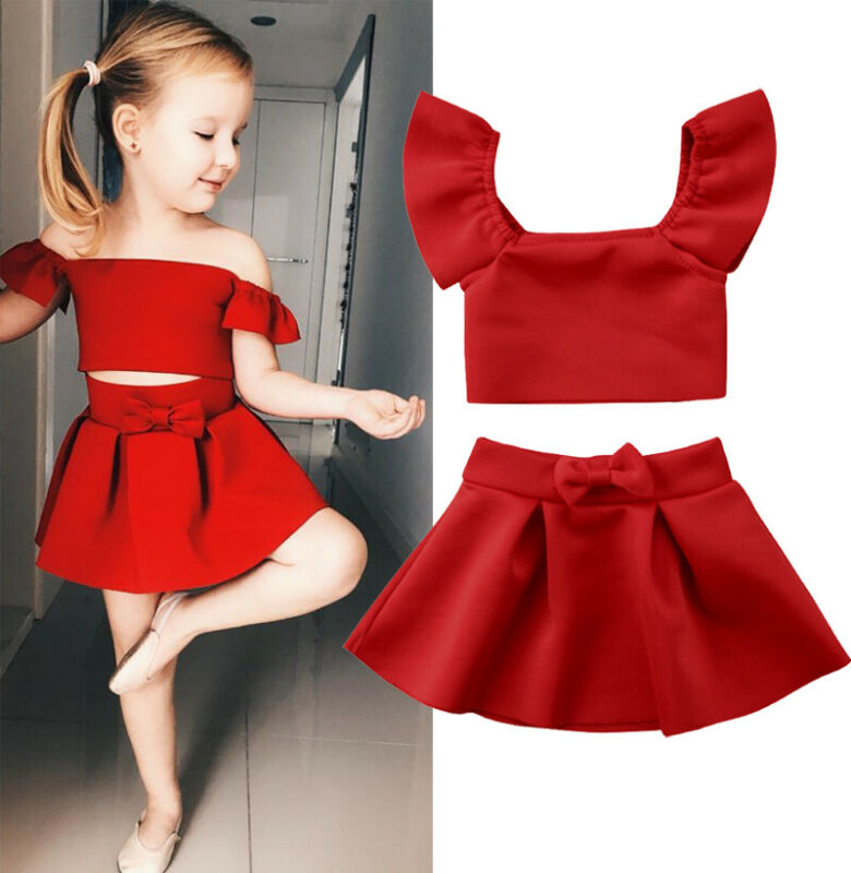 2020 New Fashion Girls Red Clothes Sets Toddler Kids Off Shoulder Tops