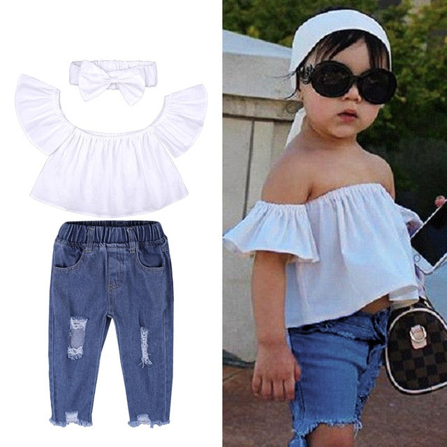 Girls Sets T-shirt+Broken Hole Jeans