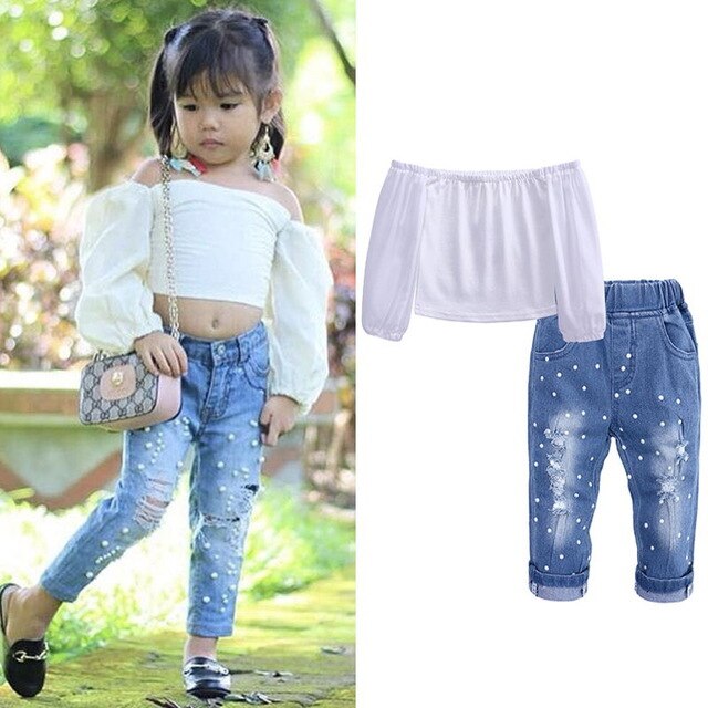 Girls Sets T-shirt+Broken Hole Jeans