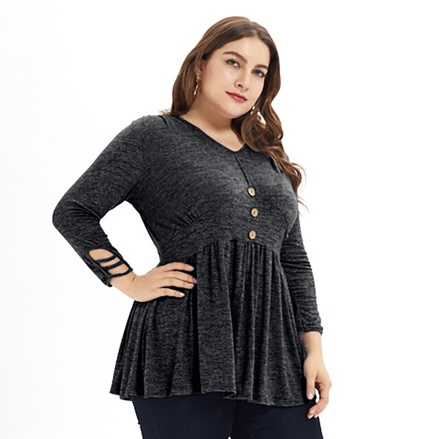 5XL Plus Size Women Tops Pleated Long Sleeve