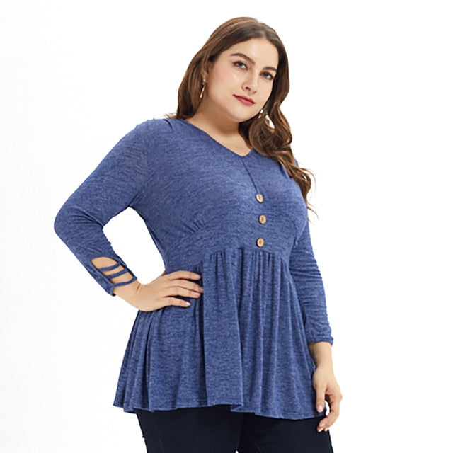 5XL Plus Size Women Tops Pleated Long Sleeve