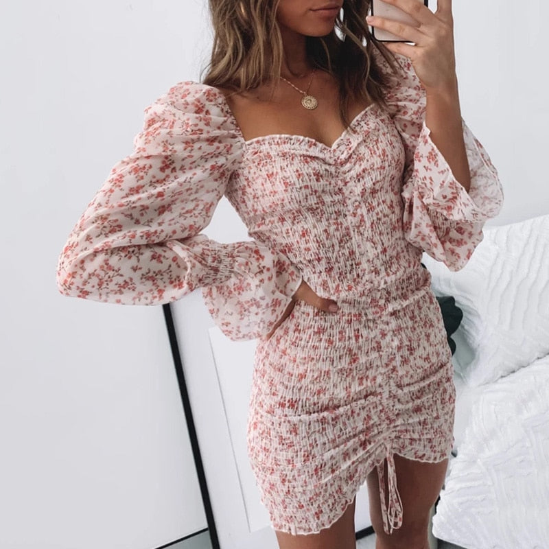 Sexy floral print shirred dress women square neck