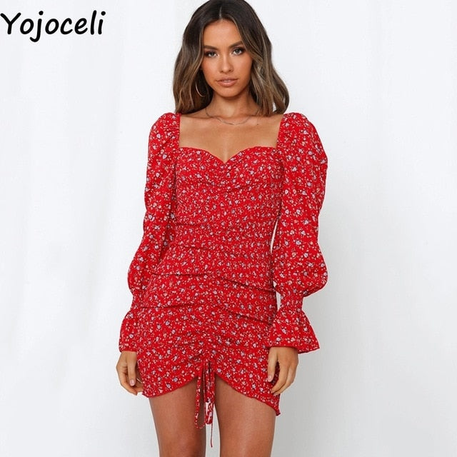 Sexy floral print shirred dress women square neck