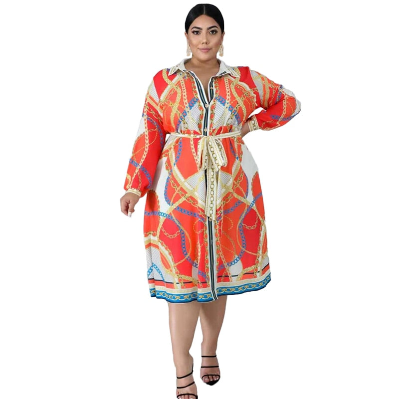 Plus size Women Shirt Dress Turn-down Long Sleeve