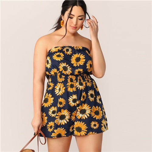 Plus Sunflower Print Shirred Waist Tube