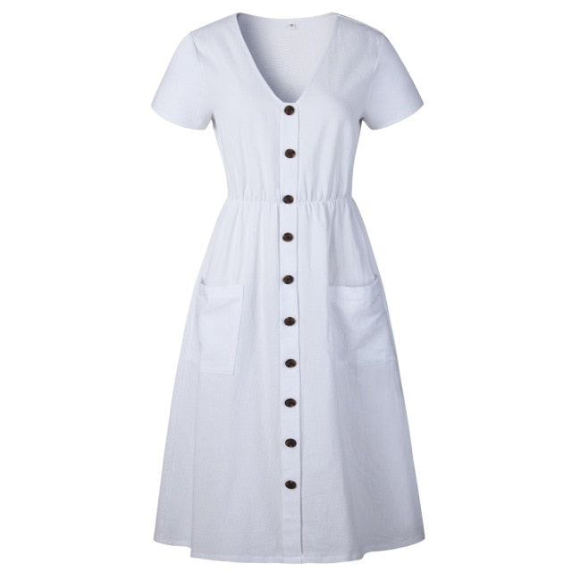 Women Summer Dress 2020 Casual V-neck Button Pocket