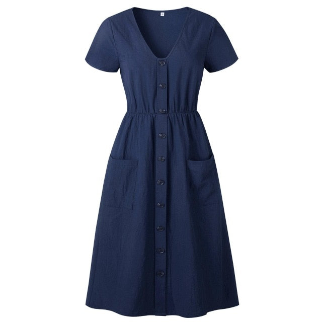 Women Summer Dress 2020 Casual V-neck Button Pocket