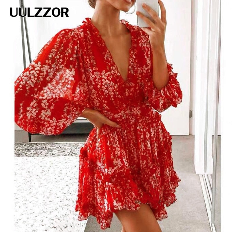 Sexy v-neck backless dress printed Elegant lantern sleeve